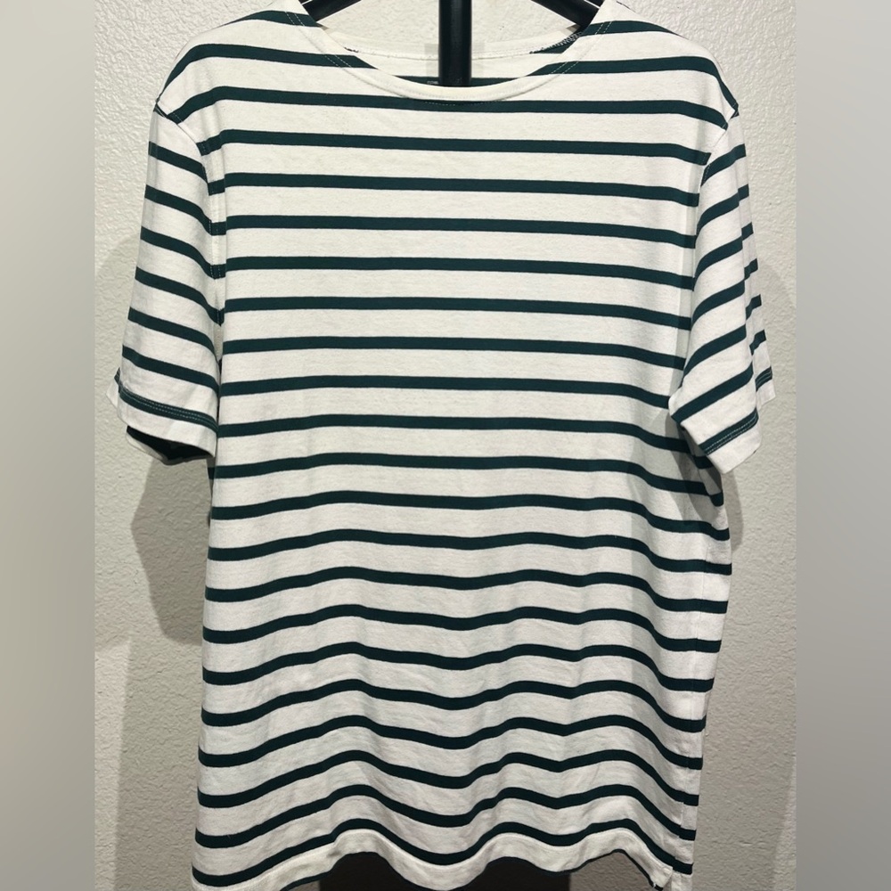Giordano White T-shirt with Dark Green Stripes - Size M (Men’s)